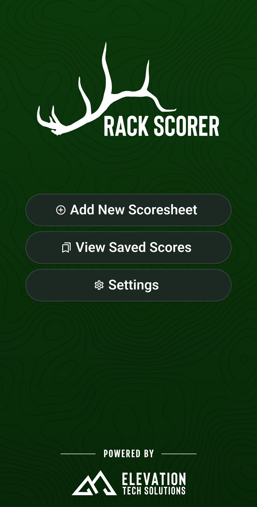 The Rack Scorer home screen with options to add a new scoresheet or view saved scores