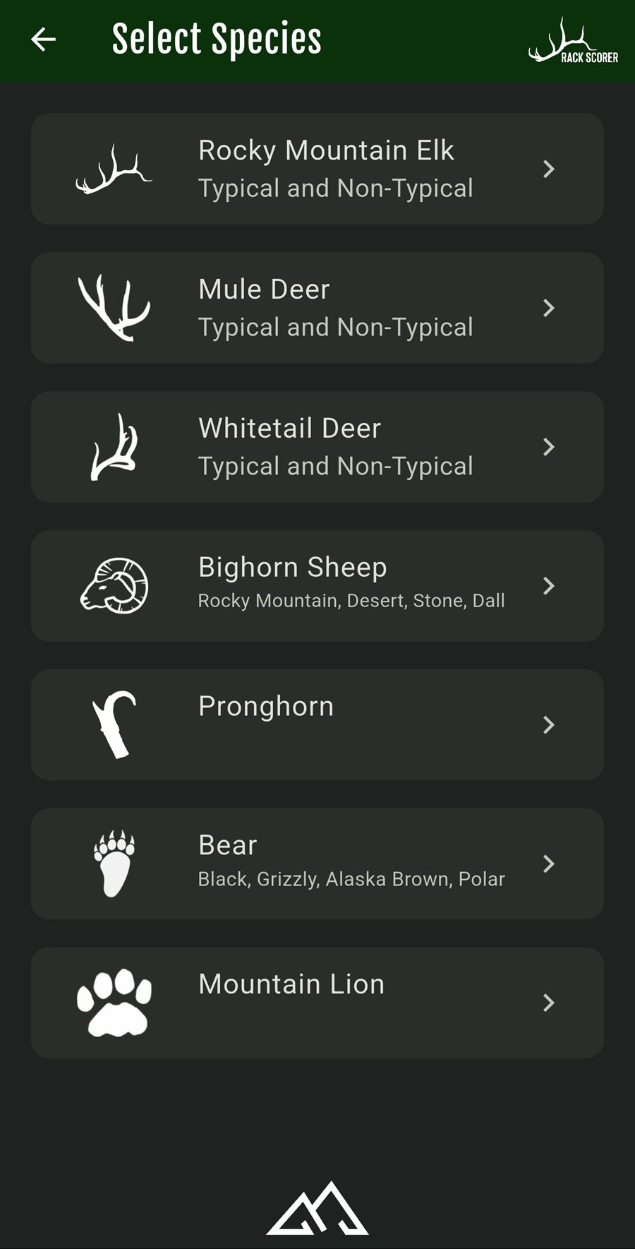 Species picker listing elk, mule deer, whitetail, bighorn sheep, pronghorn, bear and mountain lion