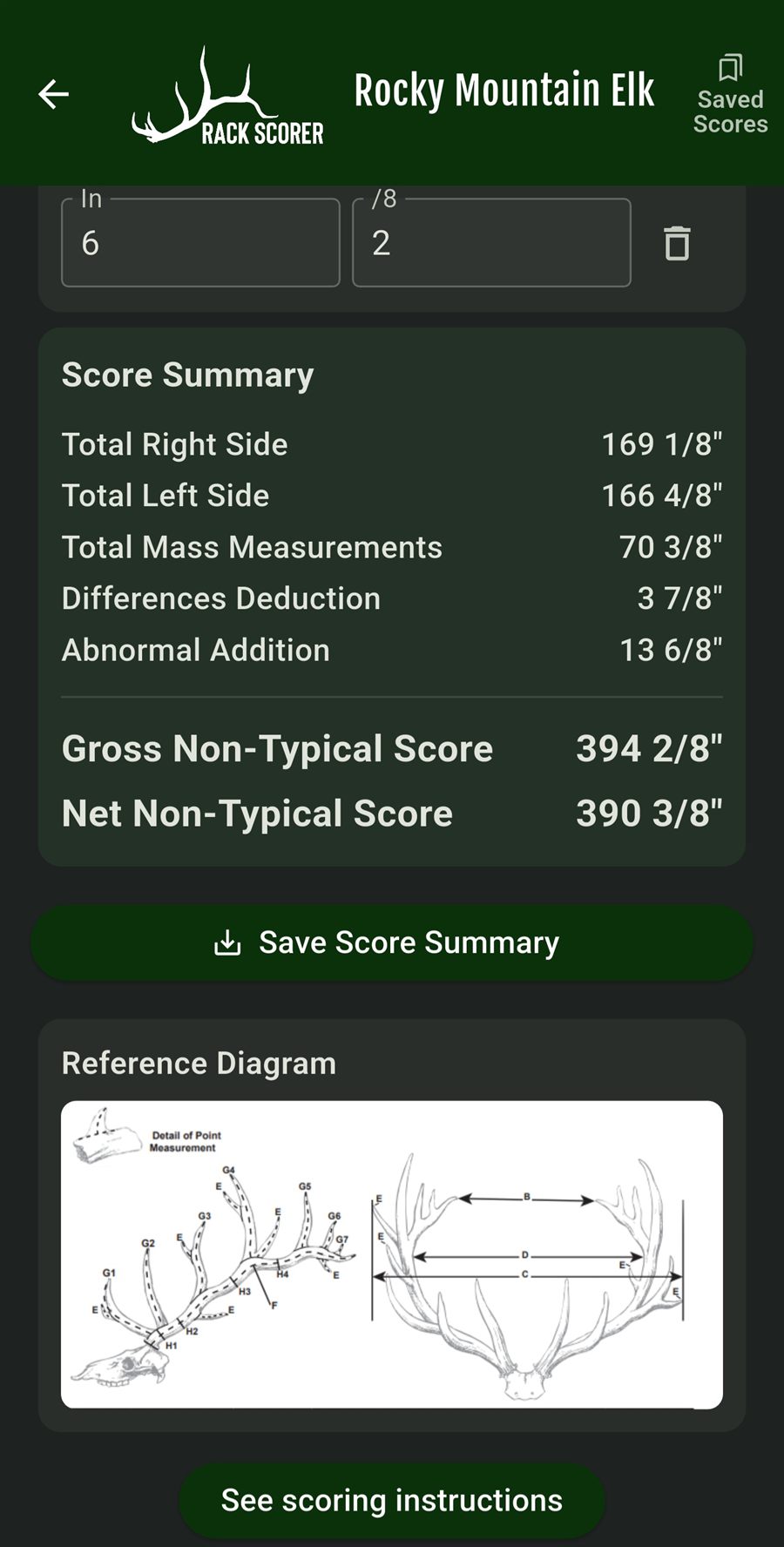 Scoring entry page with inch and eighths fields, a live score summary, and a reference diagram