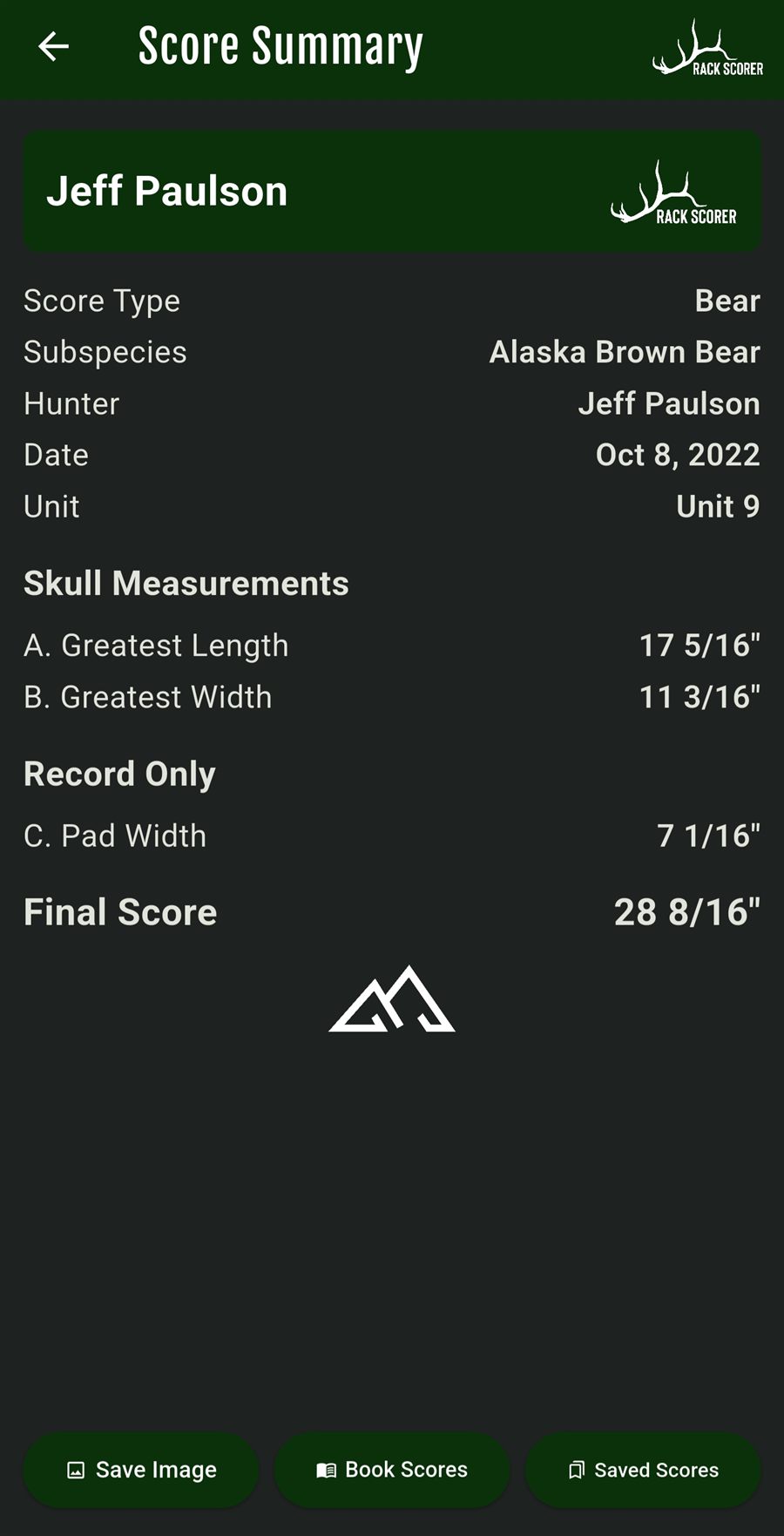 Bear score summary showing greatest skull length and width with the final score