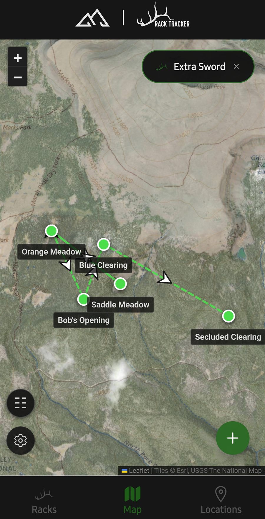 A rack's movement path drawn between its locations with directional arrows