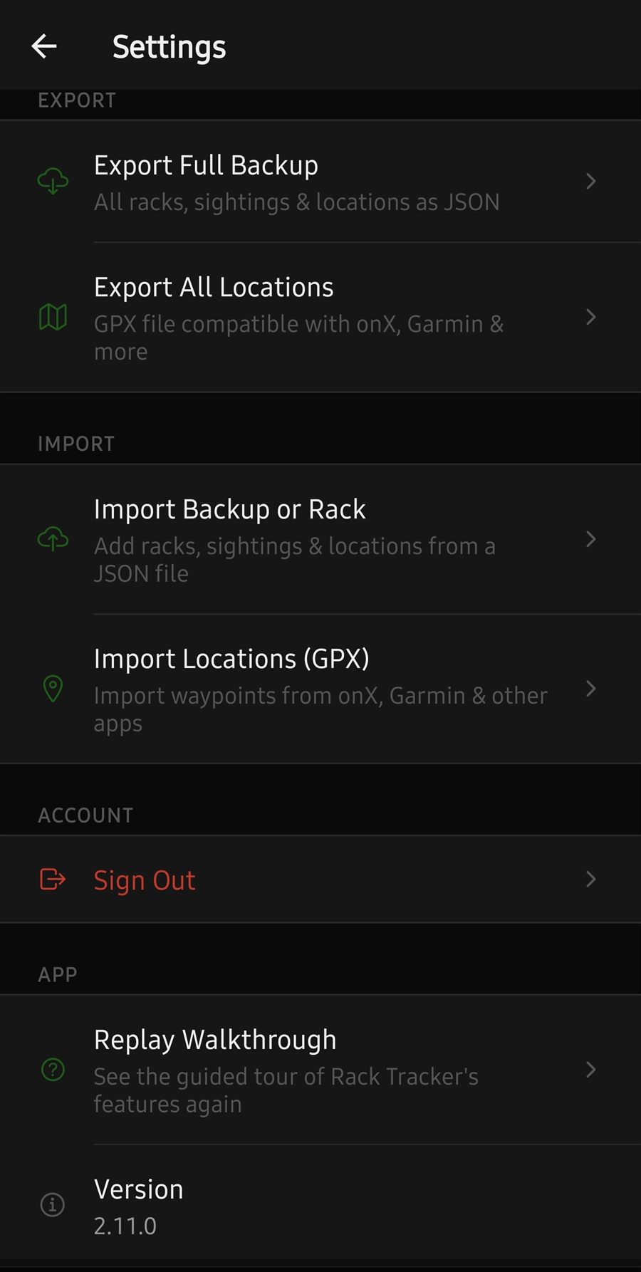 The Settings screen showing export and import options for backups, racks and GPX files