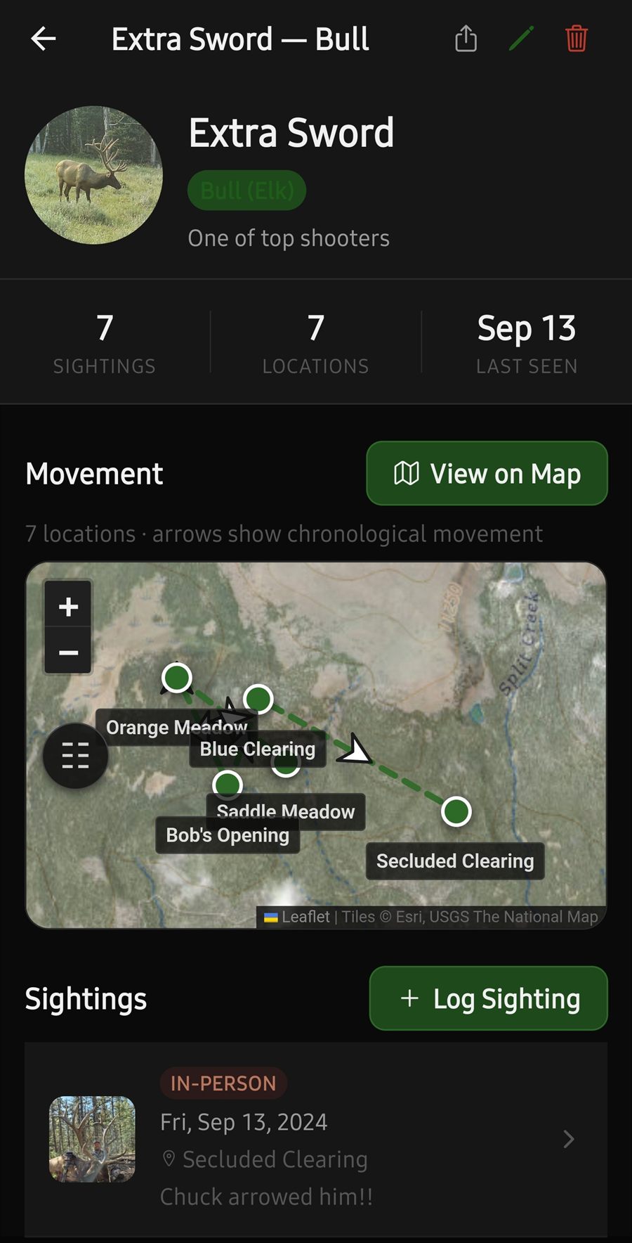 A rack profile showing sighting count, location count and last-seen date