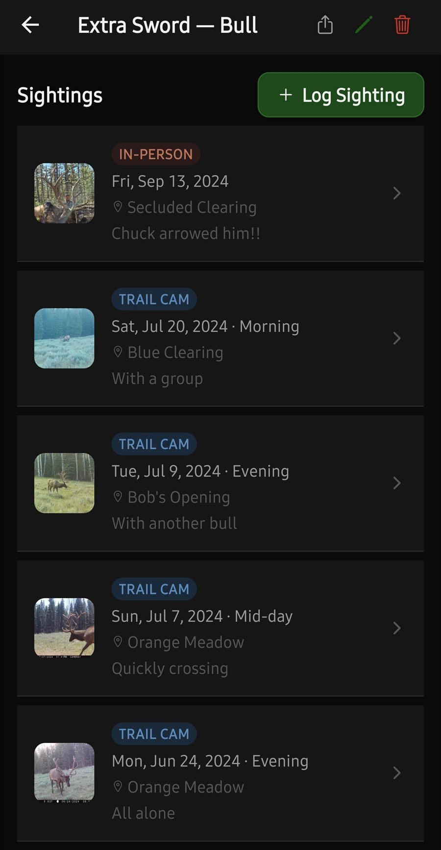 A rack's full sighting history listed by date with photos and notes