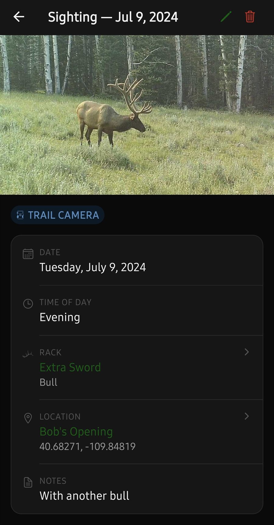 A single sighting showing its trail-camera photo, date, time of day, location and notes