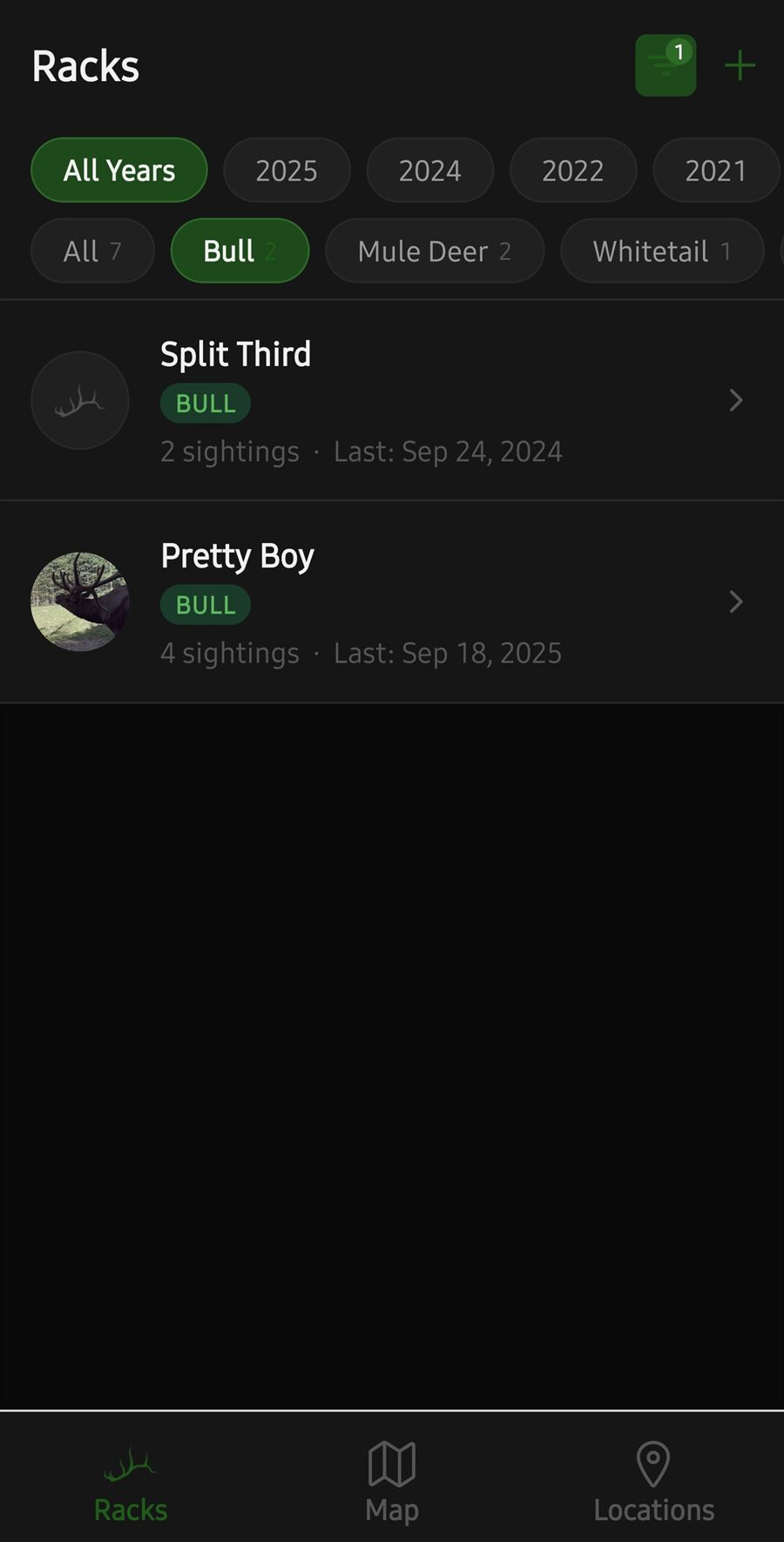 The Racks list with year and species filter chips applied