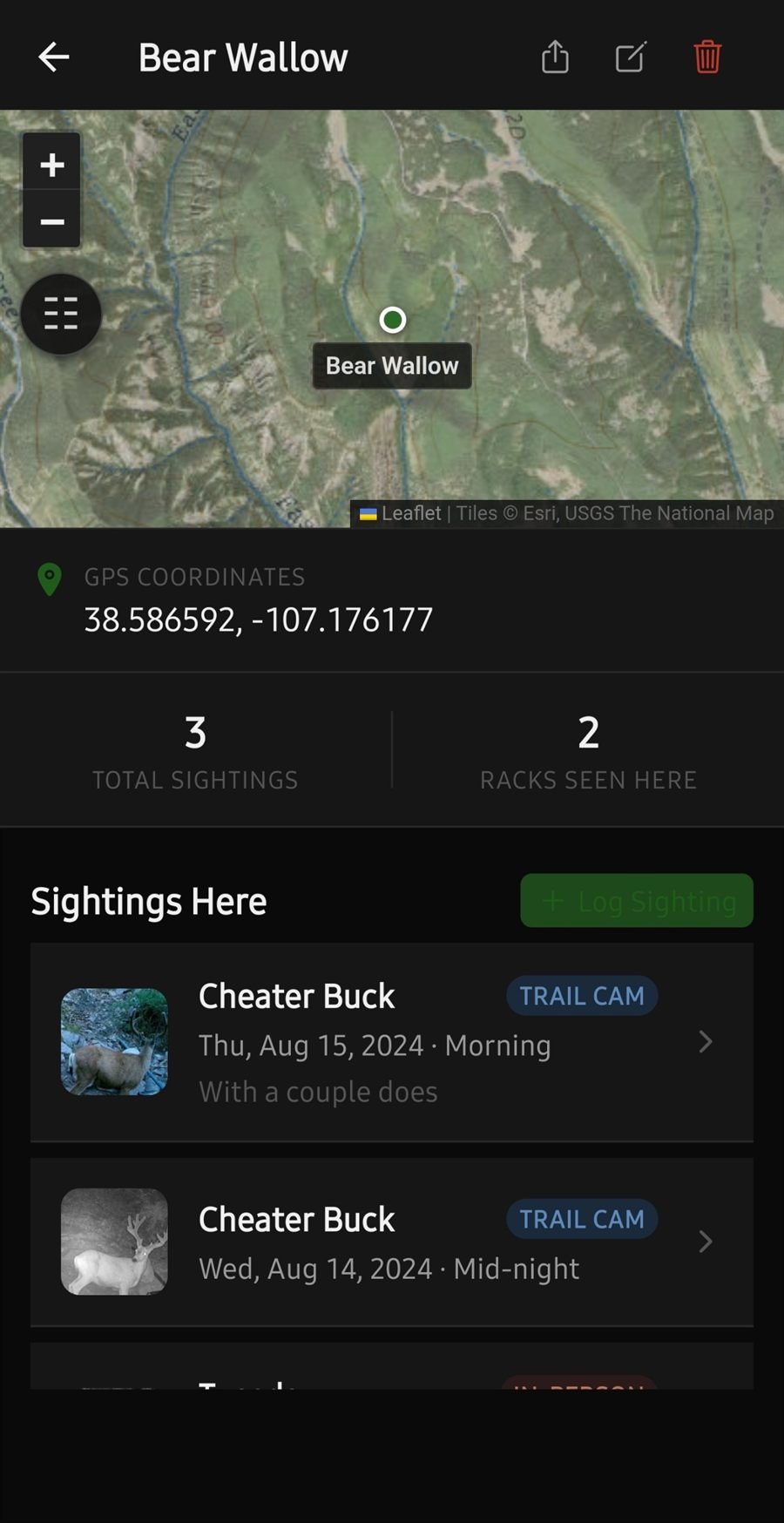 A location detail screen showing total sightings, racks seen there, and the sightings list
