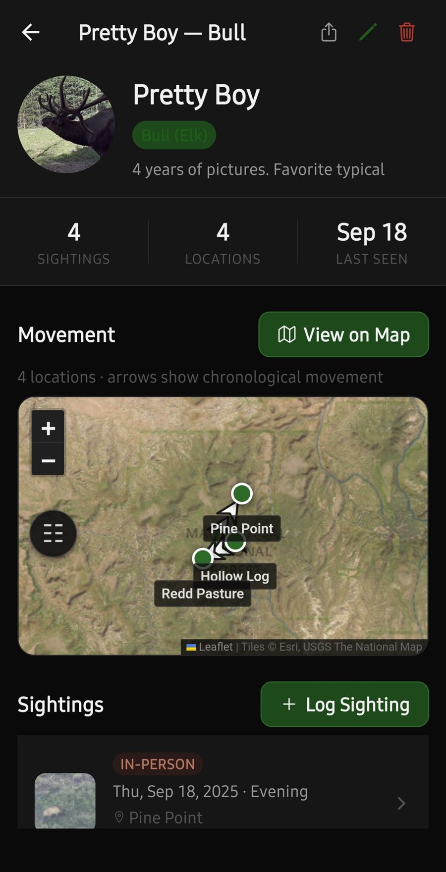 A rack profile summarising sightings, locations and the date last seen